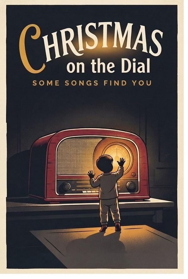 Christmas on the Dial poster: a child sits beside a glowing 1950s radio under the words Some songs find you.