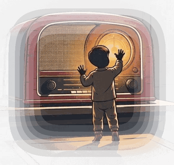 A child reaching up to a glowing 1950s radio