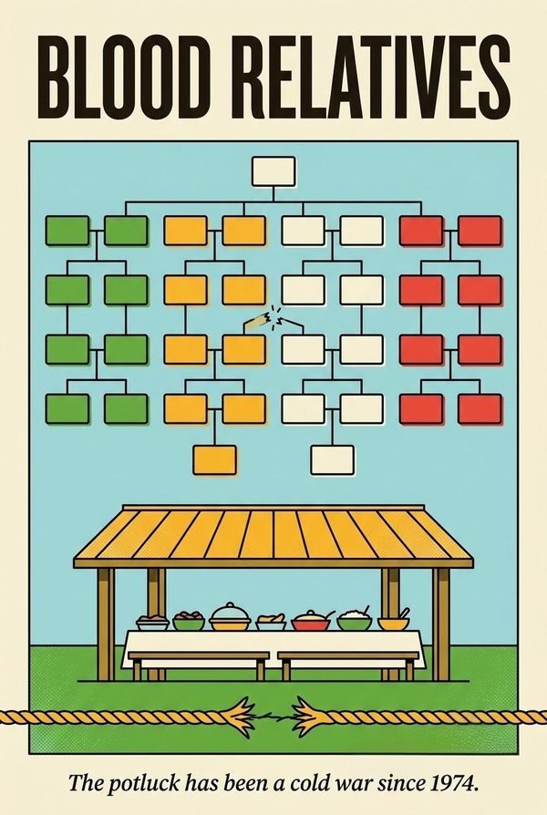 Blood Relatives poster: a four-color family tree with one broken link, above a picnic pavilion and a tug-of-war rope pulled apart. The line reads: The potluck has been a cold war since 1974.