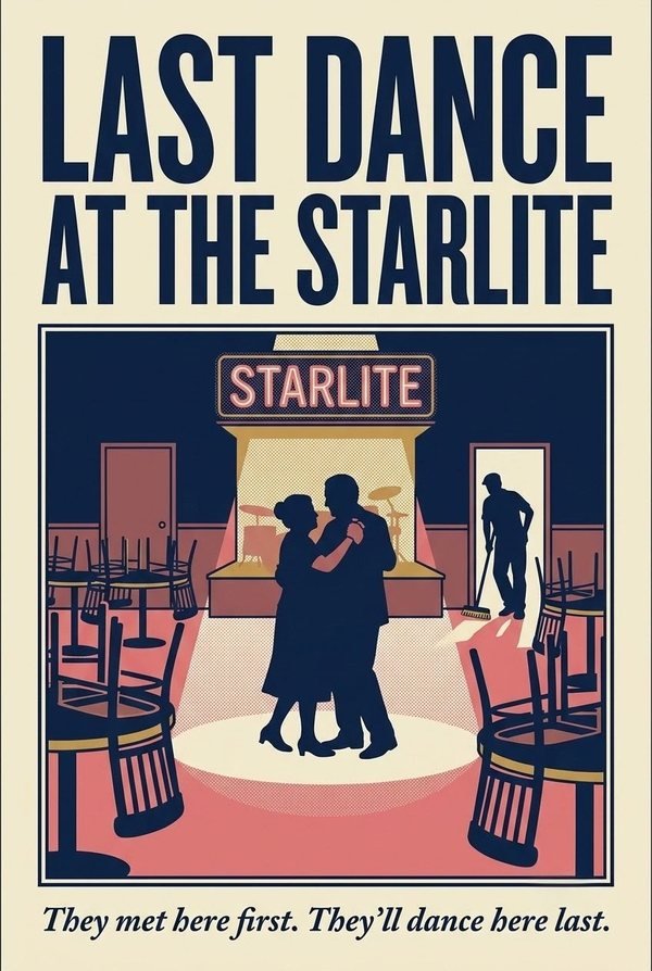 Last Dance at the Starlite poster: an older couple, in silhouette, slow dancing alone in a spotlight in an empty dance hall, chairs stacked on the tables around them, a caretaker leaning on a broom in the doorway, and a neon Starlite sign above the bandstand. The line reads: They met here first. They’ll dance here last.