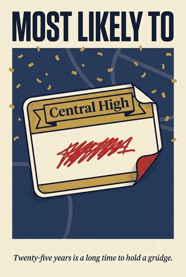 Most Likely To poster: a Central High name tag with the name scribbled out, in falling confetti. The line reads: Twenty-five years is a long time to hold a grudge.