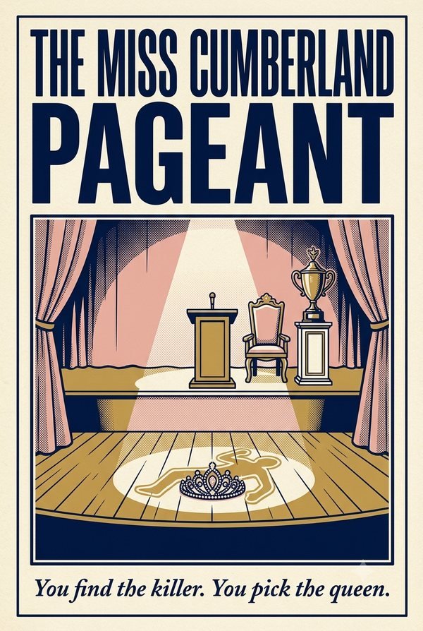 The Miss Cumberland Pageant poster: a small-town pageant stage with a podium, a throne and a trophy between pink curtains, and a rhinestone tiara lying inside a chalk outline in the spotlight. The line reads: You find the killer. You pick the queen.