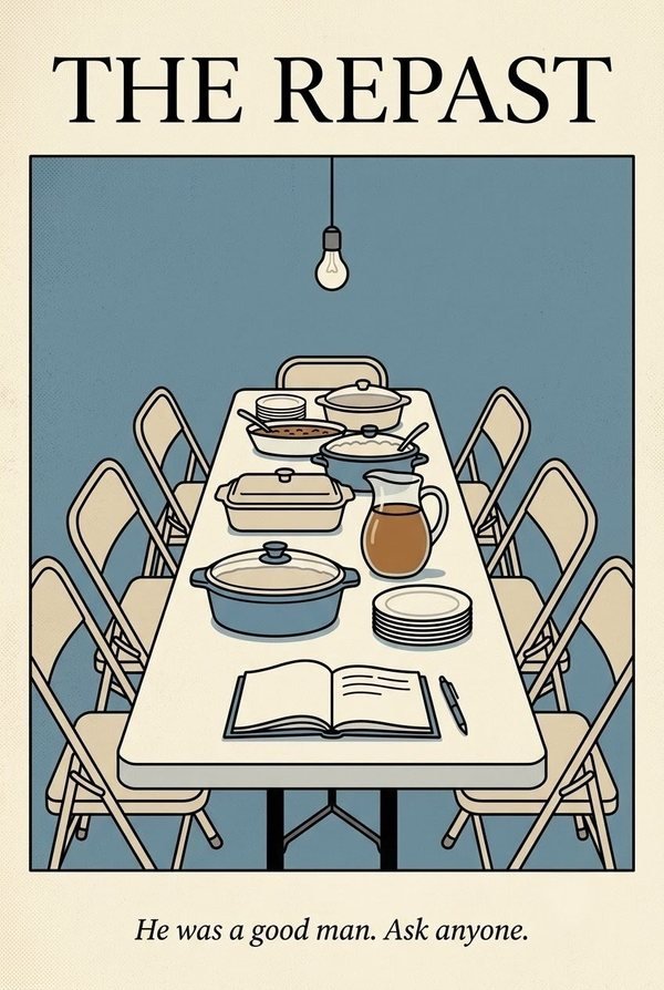 The Repast poster: a long fellowship-hall table set with casseroles, a pitcher of sweet tea and an open guest book under a bare bulb. The line reads: He was a good man. Ask anyone.