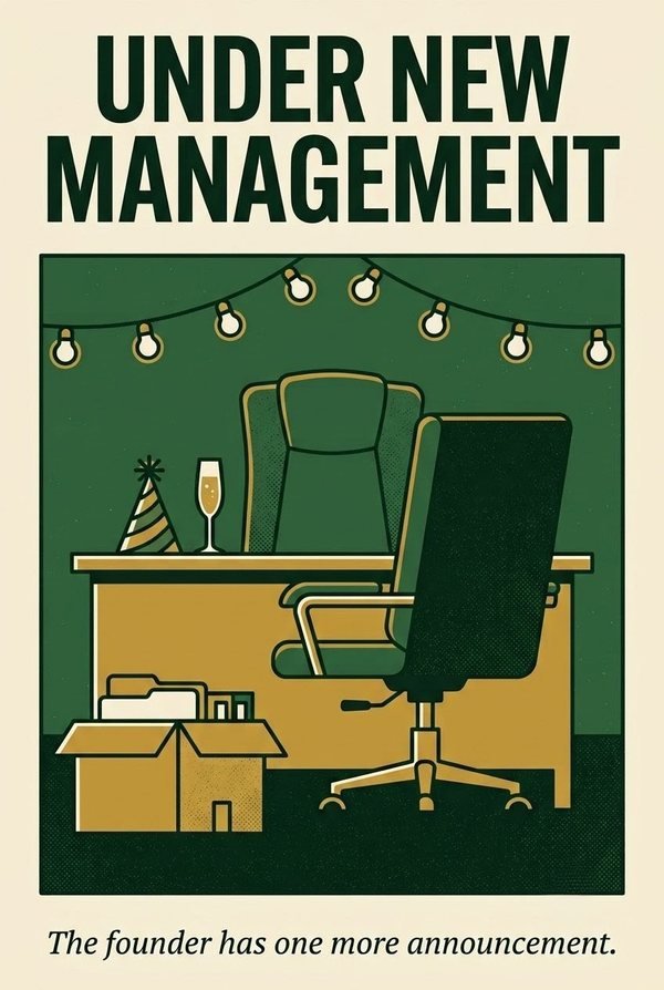 Under New Management poster: an empty office chair at a desk under party lights, with a party hat, a glass of champagne and a packed box of files. The line reads: The founder has one more announcement.