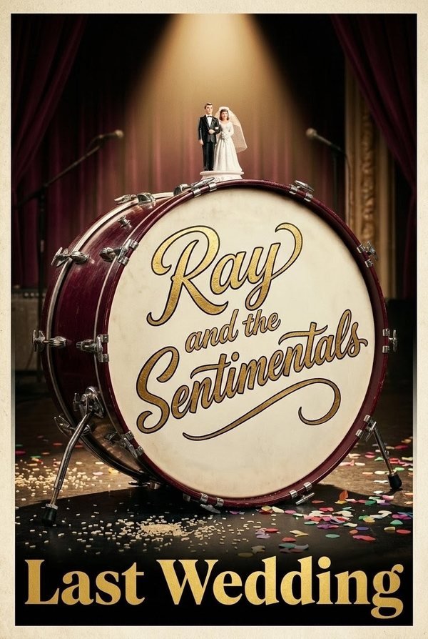 Ray and the Sentimentals’ Last Wedding poster: a bass drum painted with the band’s name, a bride-and-groom cake topper on top, and confetti on a spotlit stage.